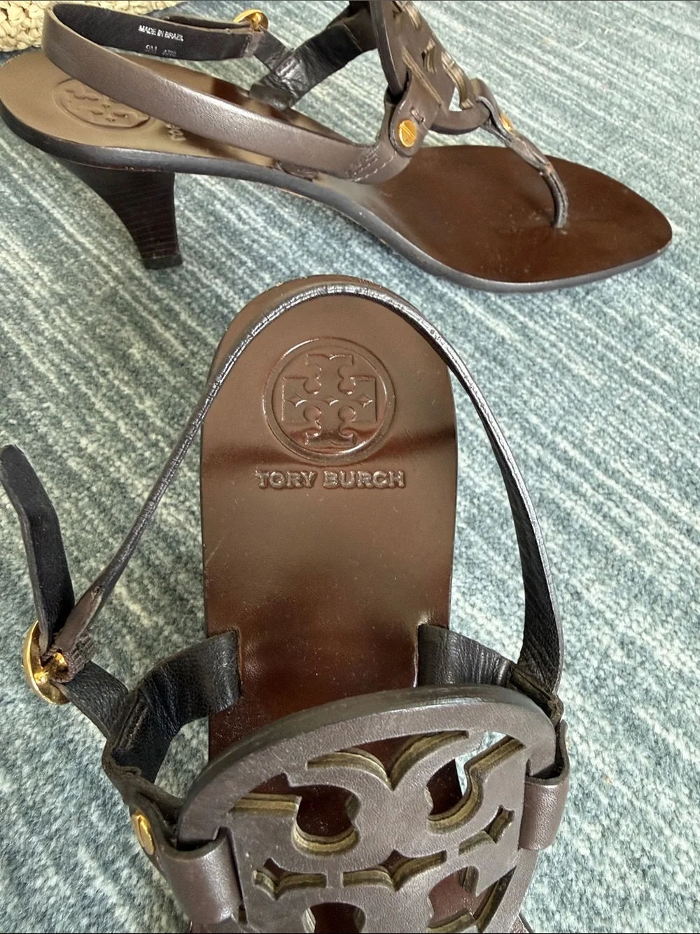 Tory Burch Dark Brown Miller Cutout Logo Thong Sandals. NO BOX